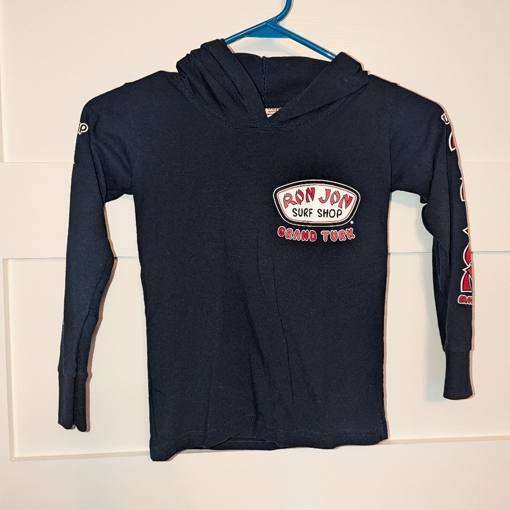 Kids Ron Jon Grand Turk hooded long sleeve navy shirt size small.